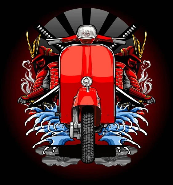 Scooter Classique Rouge Avec Vagues Fond Samouraï — Image vectorielle
