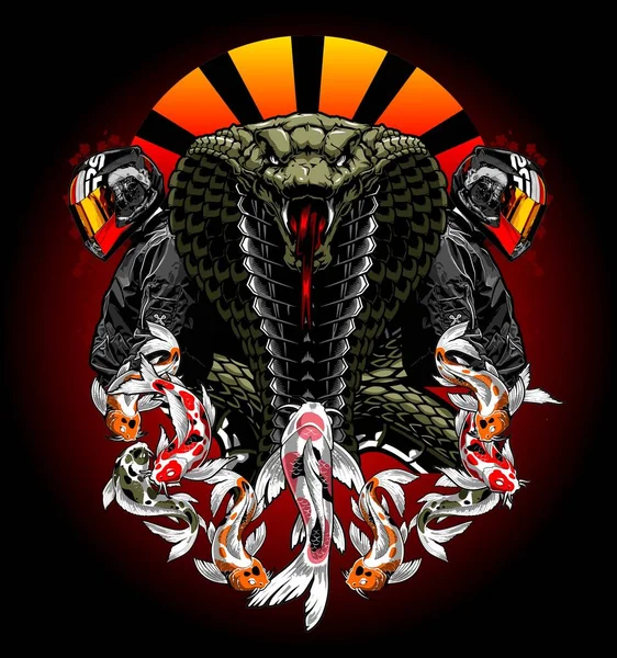 Serpent Cobra Vert Poissons Koï Sur Fond Motard — Image vectorielle