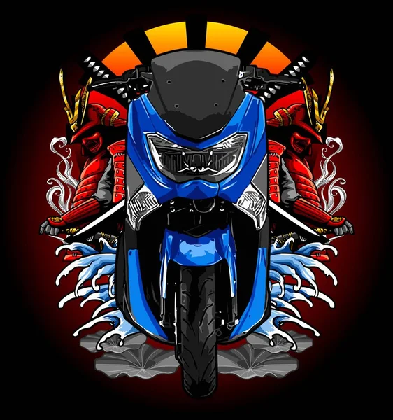 Scooter Bleu Avec Vagues Fond Samouraï — Image vectorielle