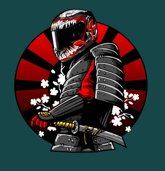 Samurai Purtând Cască Motocicletă — Vector de stoc