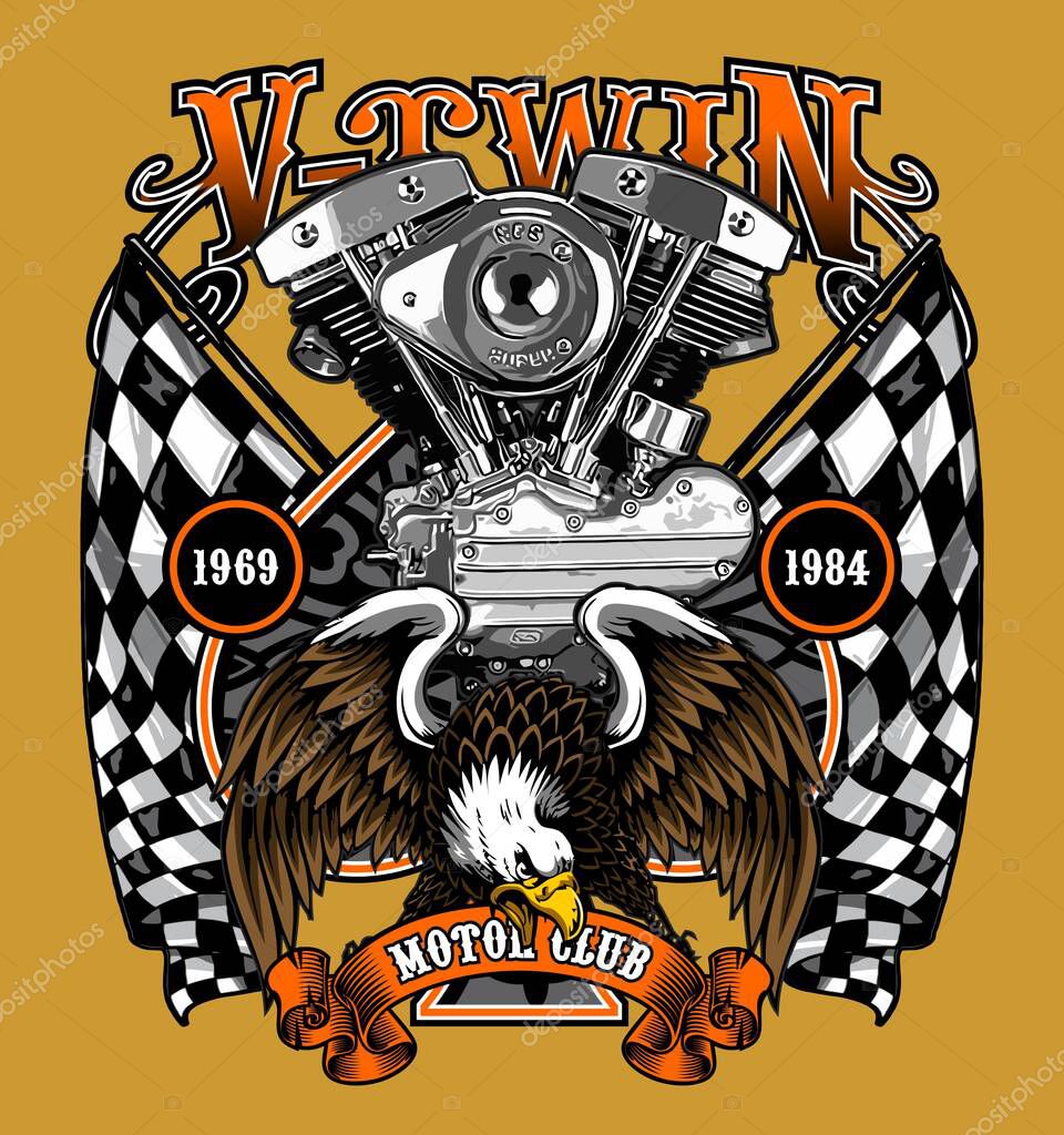 V twin and eagle on racing flag background
