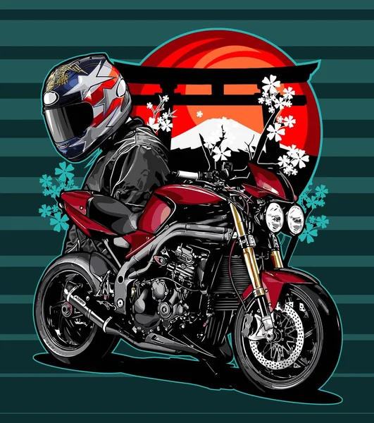 Biker Und Motorrad Hintergrund Des Fuji Berges — Stockvektor