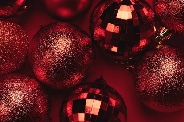 Christmas Card Red Glitter Bauble Balls Red Background — Stock Photo, Image