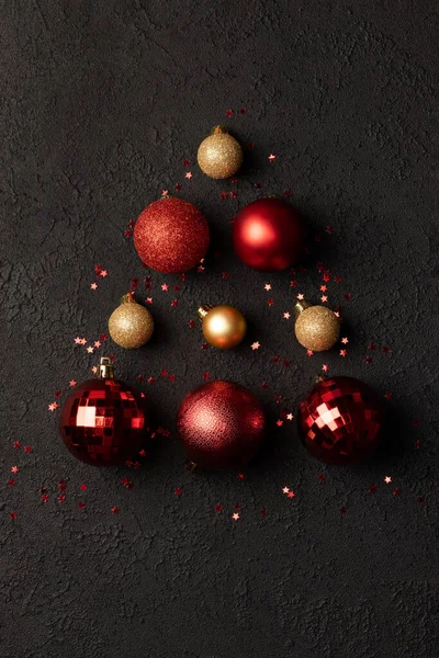 Arbre Noël Boules Décoration Rouge Dorée Étoiles Confettis Paillettes Sur — Photo
