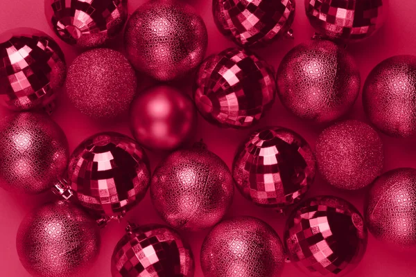 Christmas Card Viva Magenta Glitter Bauble Balls Carmine Red Background — Stock Photo, Image
