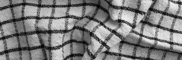 Klasszikus Fekete Fehér Kockás Konyharuha Textúra Banner Gyűrött Szövet Textil — Stock Fotó
