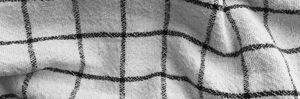 Klasszikus Fekete Fehér Kockás Konyharuha Textúra Banner Gyűrött Szövet Textil — Stock Fotó
