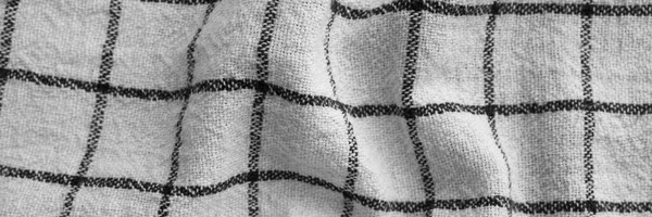 Klassisches Schwarz Weiß Kariertes Küchentuch Textur Banner Zerknitterter Textiler Hintergrund — Stockfoto
