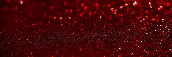 Красные сердца, сверкающие блёстки боке задний баннер, день святого Валентина абстрактный разбавленный заголовок текстуры.