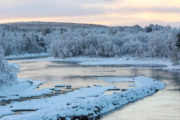 Matahari Terbenam Musim Dingin Sungai Glomma Terletak Bagian Tengah Norwegia — Stok Foto