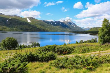 Yazın Gjevilvatnet Gölü 'nde, Trollheimen Ulusal Parkı' ndaki dağların manzarası.