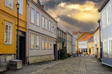 Bakklandet- popular torusitic district in Trondheim with colorful wooden houses and shops