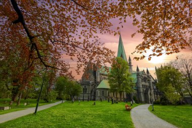 Trondheim 'da bahar, gün batımında Nidarosdomen Katedrali manzarası