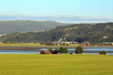  Gaula nehri Trondheim fiyorduna akar, Gaulosen doğa rezervi ve Trondheim kenti yakınlarındaki Oeysanden tarım alanı.