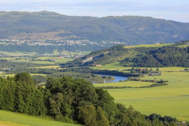 Gaula nehrinin havadan görünüşü Trondheim fiyorduna ve Trondheim kenti yakınlarındaki Oeysanden tarımsal alanına akar.