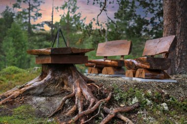 Tahta tahta tahta tahta tahta tahta çatılar ve ahşap banklar taşra tarzı bir sanat tesisi olarak duruyor. Açık hava mobilyası.