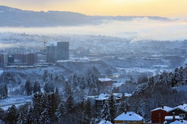 Trondheim 'da kış, Trondheim' ın soğuk, sisli kış gününde hava manzarası