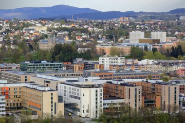 Trondheim Norveç 05 10 2025 St. Olav hastanesinin Trondheim şehrindeki hava görüntüsü