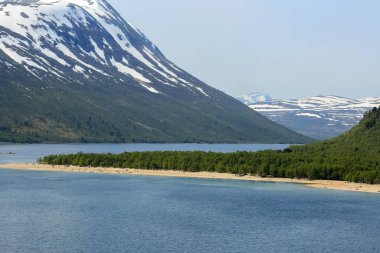 Norveç 'in Oppdal ilçesinde bulunan Gjevillvatnet Gölü' nde yaz mevsimi. Ulusal Park 'taki dağların manzarası Trollheimen ve kumlu sahil Rauoera