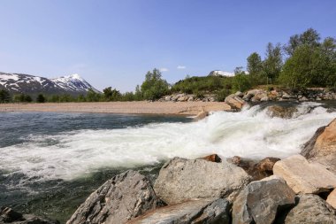 Norveç 'in Oppdal ilçesinde bulunan Gjevillvatnet Gölü' nde yaz mevsimi. Trollheimen Ulusal Parkı 'ndaki dağların manzarası 
