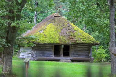 Riga, Letonya - 12 Ağustos 2025: Rigas Etnoğrafya Müzesindeki eski kereste evleri