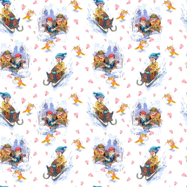 Watercolor Cute Valentines Day Seamless Pattern Funny Cat Old Pair — Stok Foto