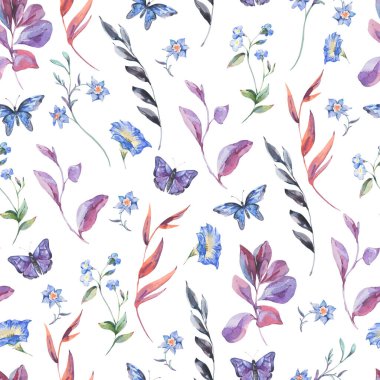 Suluboya botanik kır çiçekleri pürüzsüz desen, beyaz çiçekli doğal doku