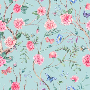 Watercolor garden rose bouquet, blooming tree seamless pattern, Chinoiserie floral texture on blue clipart