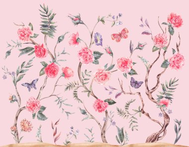 Watercolor garden rose bouquet, blooming tree, Chinoiserie illustration isolated on pink clipart