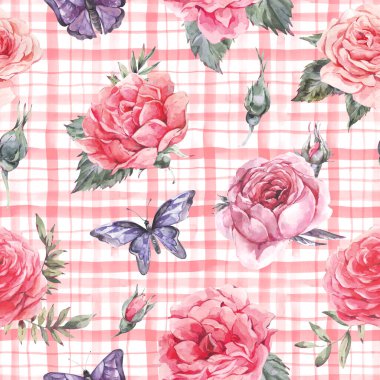 Watercolor rustic pink checkered floral seamless pattern with roses Hand drawn stripe texture clipart