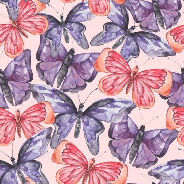 Suluboya renkli renkli kelebekler pürüzsüz desenler, pembe üzerindeki doğal kelebek deseni.