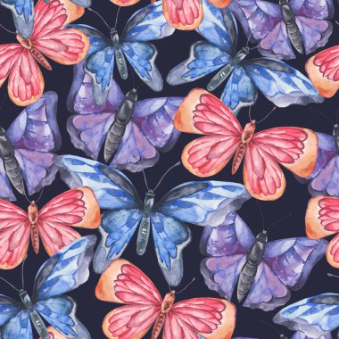 Suluboya renkli renkli kelebekler pürüzsüz desenler, siyah kelebek deseni.