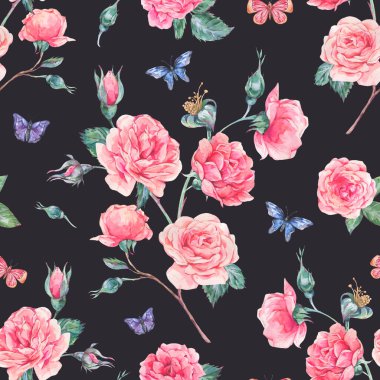 Suluboya eski bahçe gül buketi dikişsiz desen, botanik çiçek deseni siyah
