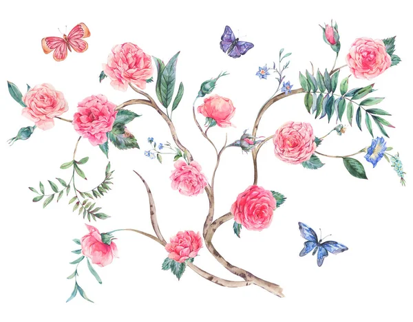 Watercolor Garden Rose Bouquet Blooming Tree Chinoiserie Illustration — Stock Photo, Image
