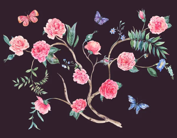 Akvarell Kert Rózsa Csokor Virágzó Chinoiserie Illusztráció — Stock Fotó