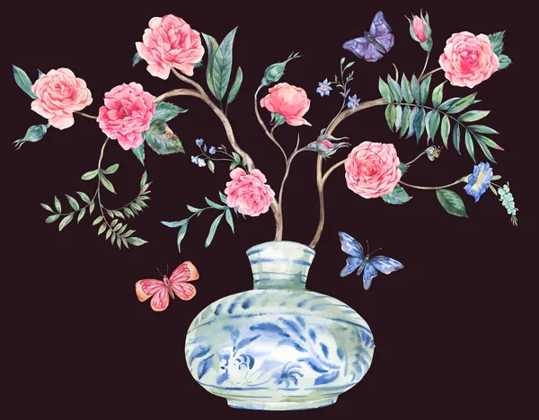 Aquarell Garten Rosenstrauß Blühender Baum Chinesische Blaue Vase Illustration — Stockfoto