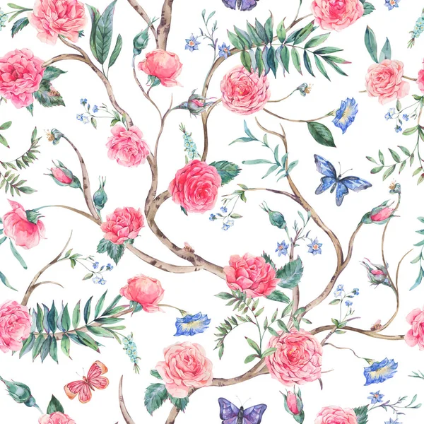 Akvarel Zahrada Růže Kytice Kvetoucí Strom Bezešvé Vzor Chinoiserie Květinové — Stock fotografie