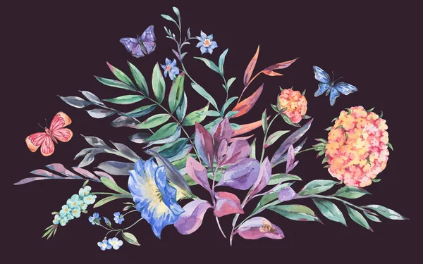 Akvarell Botanikus Vadvirágok Csokor Természetes Geeting Kártya — Stock Fotó