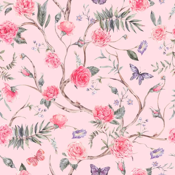 Watercolor Garden Rose Bouquet Blooming Tree Seamless Pattern Chinoiserie Floral — Stock Photo, Image