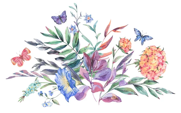 Buchet Flori Sălbatice Botanice Acuarelă Carte Naturală Geeting — Fotografie, imagine de stoc