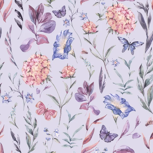 Akvarel Botanické Divoké Květy Bezešvé Vzor — Stock fotografie