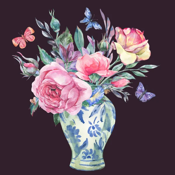 Watercolor Vintage Garden Rose Bouquet Chinese Blue Vase Illustration — Stock Photo, Image