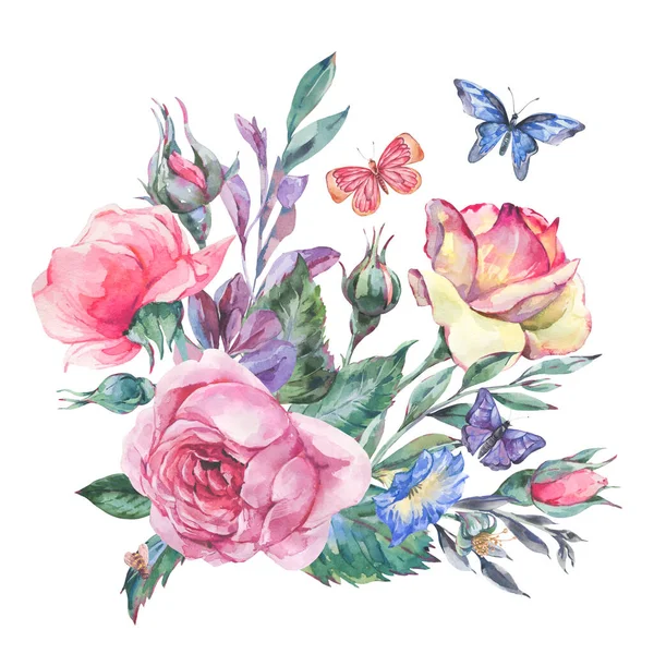 Akwarela Vintage Ogród Róża Bukiet Pocztówka Botaniczny Kwiatowy Ilustracja Izolowana — Zdjęcie stockowe