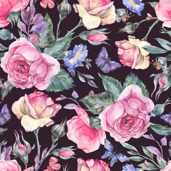 Aquarel Vintage Tuin Roos Boeket Naadloos Patroon Botanische Bloemen Textuur — Stockfoto