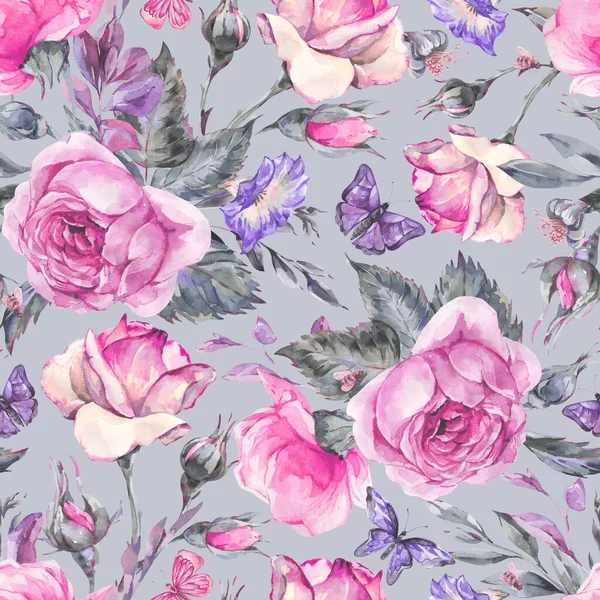 Akvarel Vinobraní Zahrada Růže Kytice Bezešvé Vzor Botanické Květiny — Stock fotografie