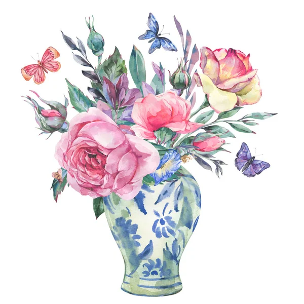 Aquarela Vintage Jardim Rosa Buquê Chinês Azul Vaso Ilustração — Fotografia de Stock