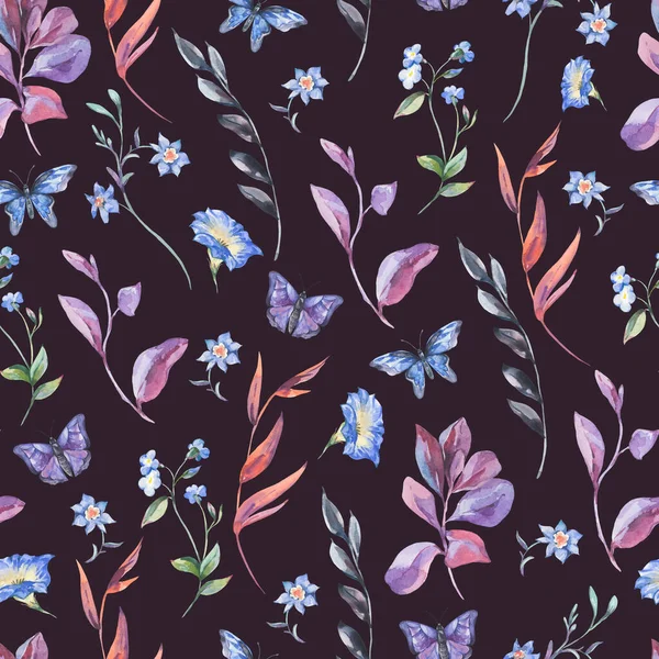 Watercolor Botanical Wildflowers Seamless Pattern Natural Floral Texture Black — Stock Photo, Image