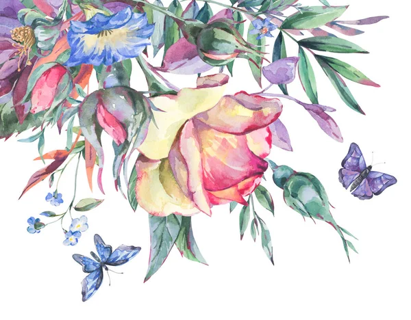 Watercolor Vintage Garden Rose Bouquet Greeting Card Botanical Floral Illustration — Stock Photo, Image
