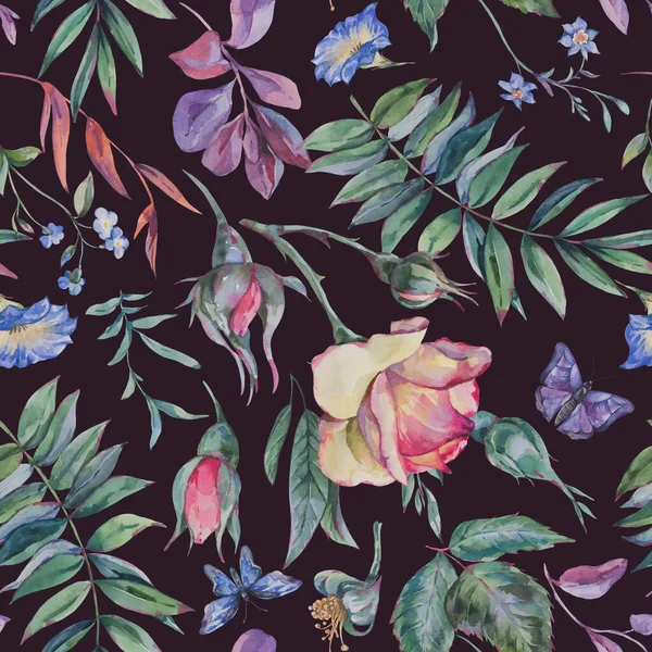 Watercolor Vintage Garden Rose Bouquet Seamless Pattern Botanical Floral Texture — Stock Photo, Image