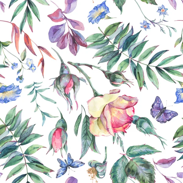 Akvarel Vinobraní Zahrada Růže Kytice Bezešvé Vzor Botanické Květinové Textury — Stock fotografie
